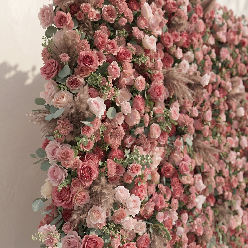 Cloressa: Luxury 5D Dusty Rose & Nude Pink Silk Floral Wall with Dried Pampas Grass for Modern Weddings