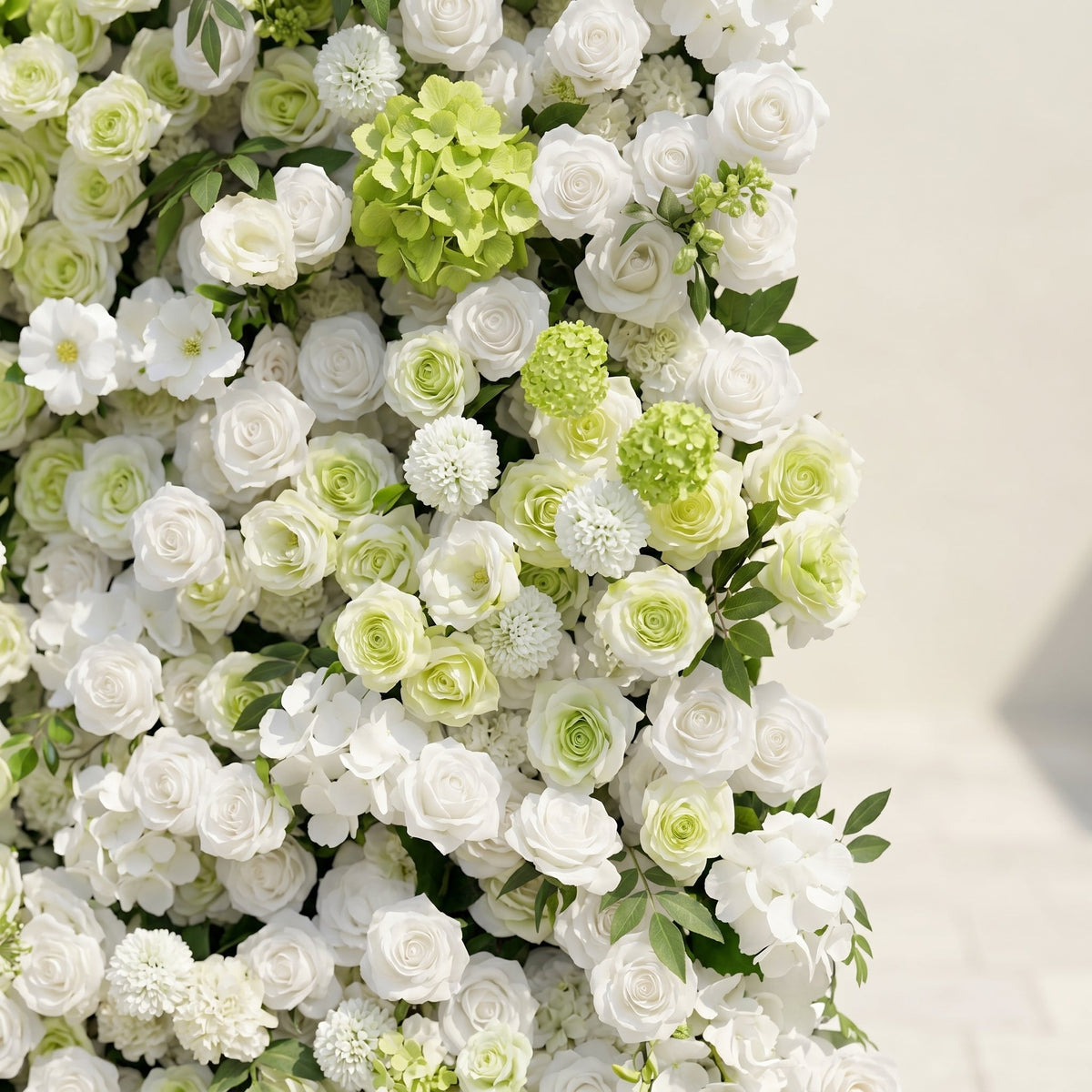 Cordelle: Luxury 4D Creamy White & Fresh Green Silk Floral Wall Backdrop for Organic Garden Weddings