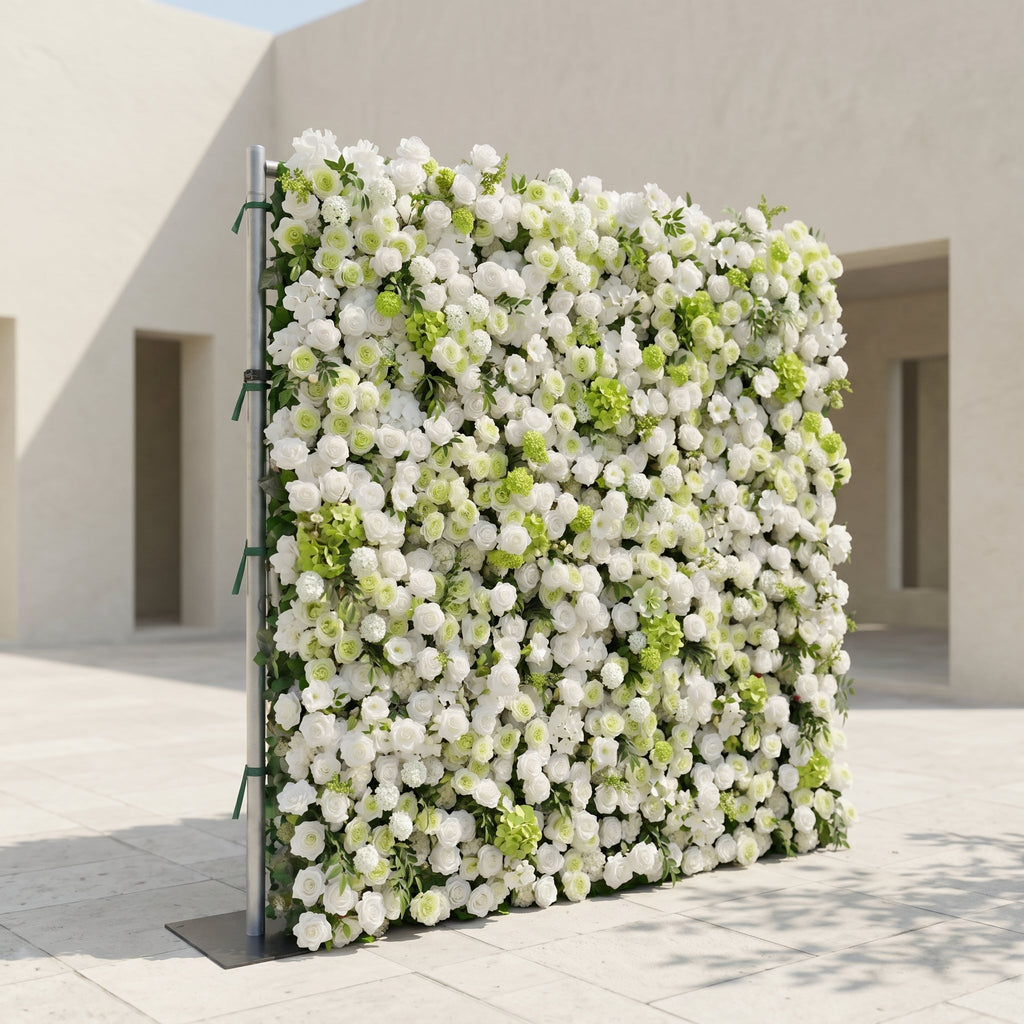 Cordelle: Luxury 4D Creamy White & Fresh Green Silk Floral Wall Backdrop for Organic Garden Weddings