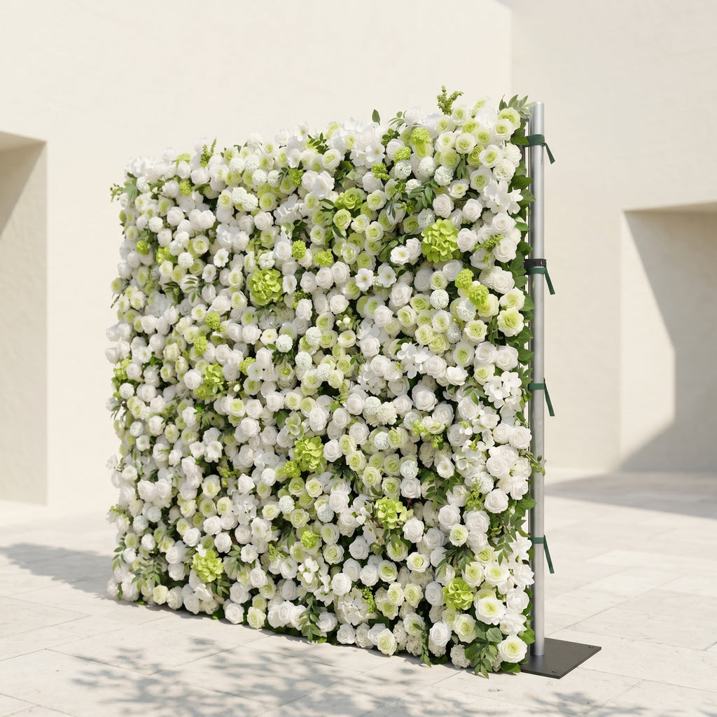 Cordelle: Luxury 4D Creamy White & Fresh Green Silk Floral Wall Backdrop for Organic Garden Weddings