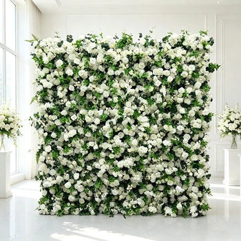 Custom 5D Roll up White Flower Rose Wall and Greenry Decor Fabric Wedding Artificial Flower Wall Panel Backdrop Faux Flower Wall Free Shipping