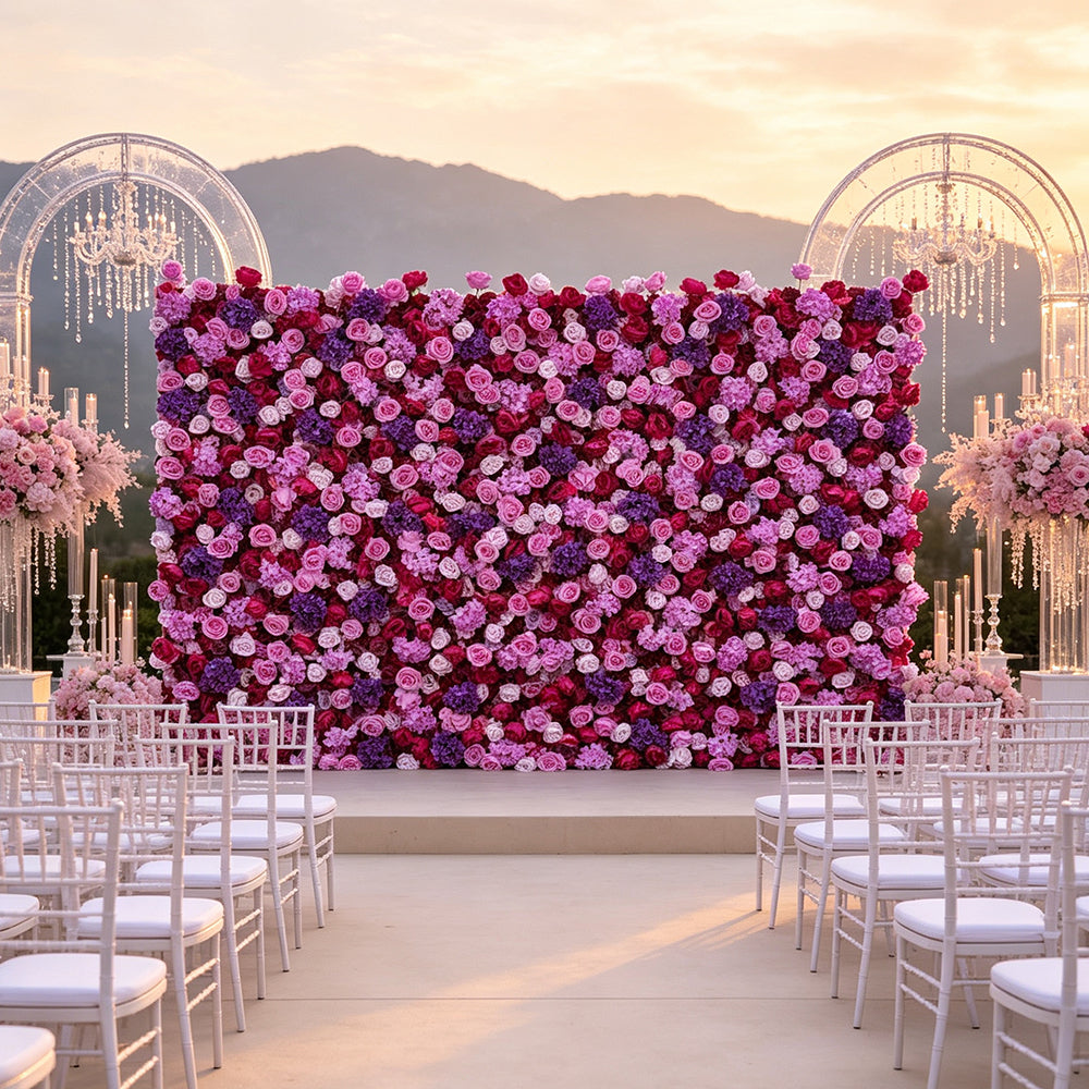 Factory Custom Personal Proposal Wedding Event Purple Rose Flower Wall Artificial Silk Rose 6.5*10ft Roll up Flower Wall Free Shipping