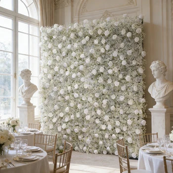 Factory Direct Sale White Floral Wall Arrangement Silk Rose Babysbreath 8x8 Cloth Fabric Flower Wall for Wedding Decoration Free Shipping