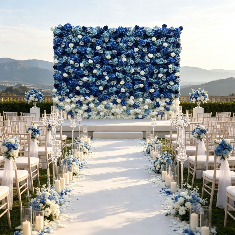 Flower Manufacturer Wholesale 8*8ft Flower Wall Gradient Blue Silk Rose Hydrangea Rolling up Flower Wall Backdrop Free Shipping
