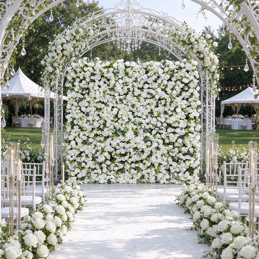 White Green Artificial Rose and Plants High Quality Flower Wall Backdrop 8*8ft Roll up Soft Wedding Baby Shower Backdrop Free Shipping