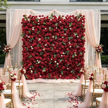 Wholesale Handmade Wedding Red Silk Artificial Flower Wall Backdrop 8ft X 8ft Rose Wall for Decor Mother's Day & Christmas Free Shipping
