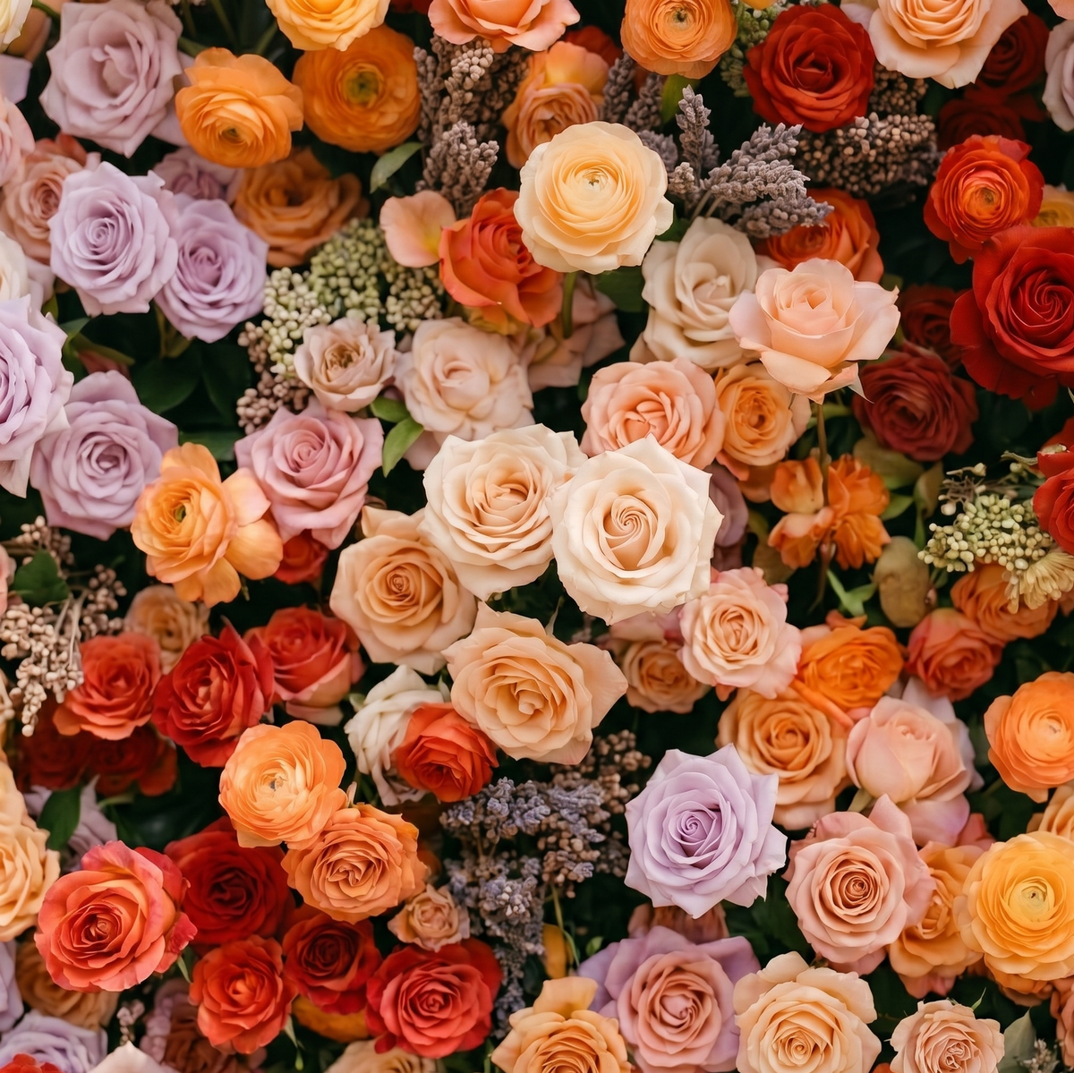 Daelyne: Luxury 5D Sunset Orange & Lavender Silk Floral Wall Roll-Up Fabric Backdrop for Warm Summer Weddings