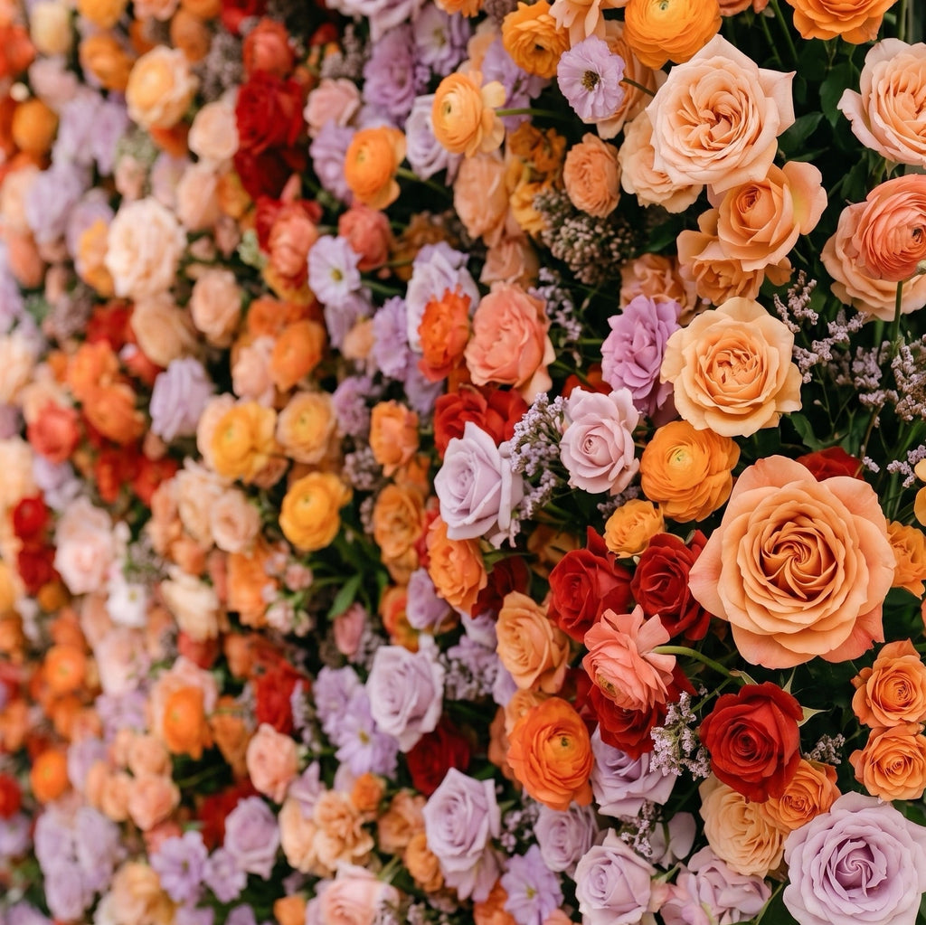 Daelyne: Luxury 5D Sunset Orange & Lavender Silk Floral Wall Roll-Up Fabric Backdrop for Warm Summer Weddings