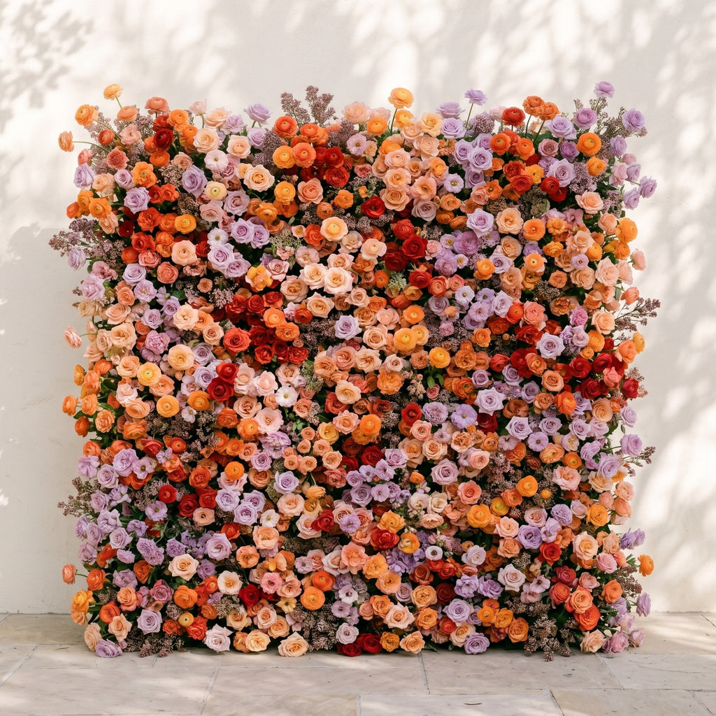 Daelyne: Luxury 5D Sunset Orange & Lavender Silk Floral Wall Roll-Up Fabric Backdrop for Warm Summer Weddings