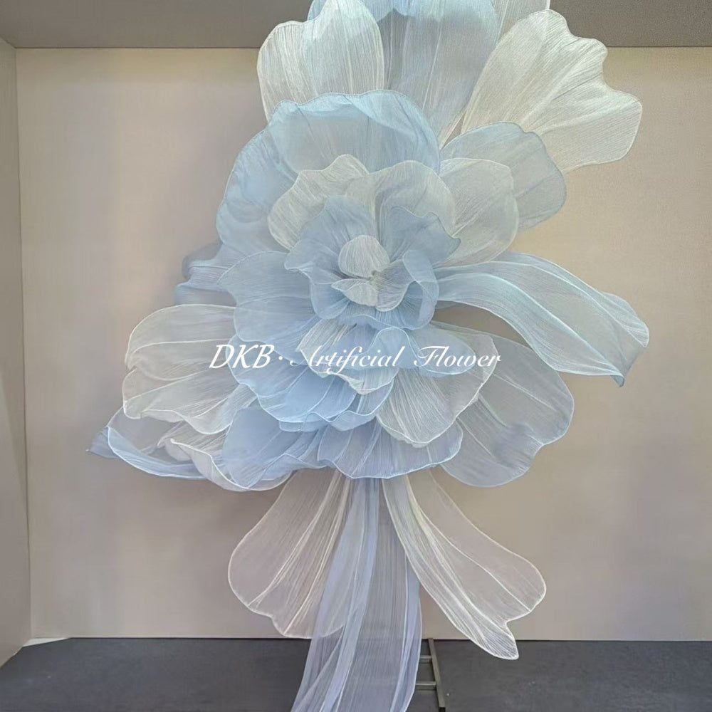 Dreamy Baby Blue Organza Giant Flower Installation Wedding Stage Backdrop Decor Banquet Mall Window Display Art Installation - Free Shipping