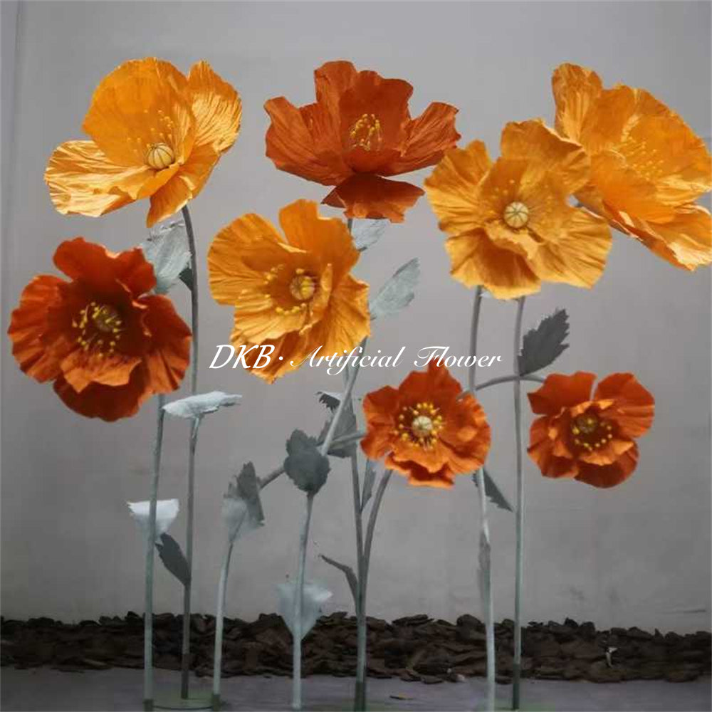 Elegant Large Crumpled Paper Poppy Flowers Set with Stand Custom Burgundy and Orange Giant Flower Decoration for Wedding Decor - Free Shipping