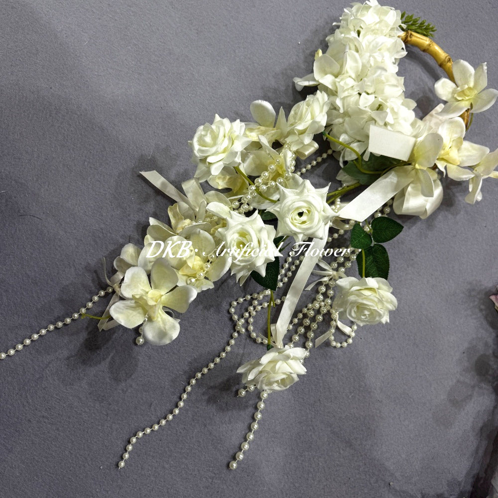 Elegant White Flower Bouquet Wedding Bridal Handheld Flower Decoration with Holding Bamboo Ring and Hanging Pearl Chain - Free Shipping