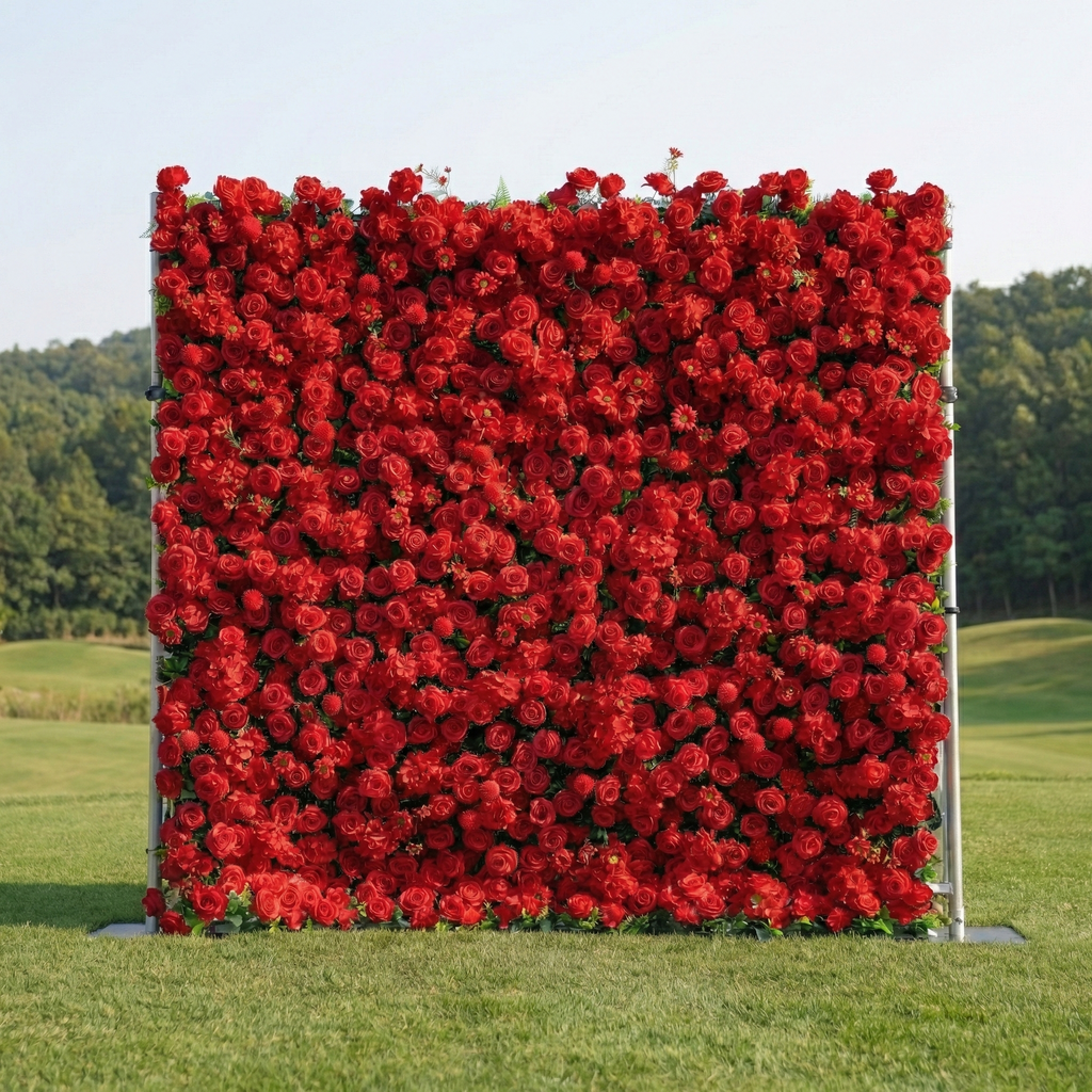 Ellis: Luxury 5D Crimson Silk Rose Flower Wall Roll-Up Fabric Backdrop for Romantic Proposals & Luxury Wedding Event