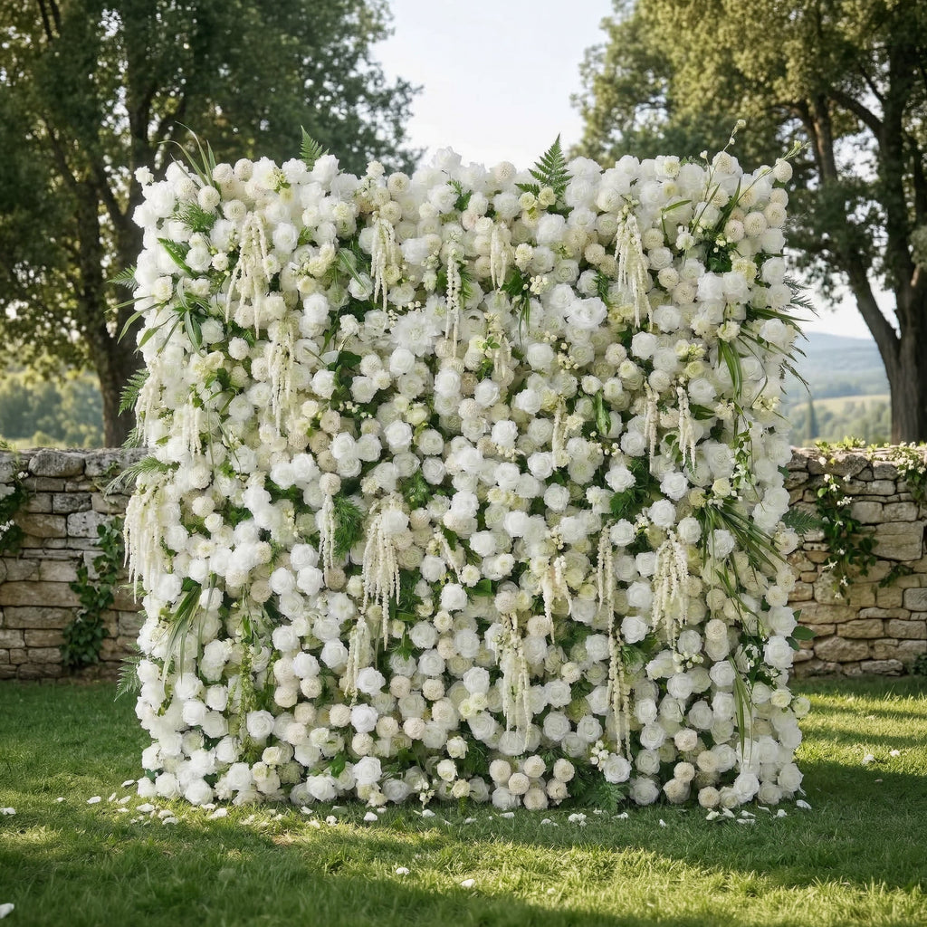 Elunara: 5D White Rose Flower Wall with Drooping Foliage Roll-Up Fabric Backdrop for Luxury Events Decor