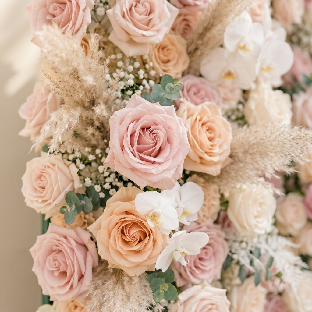 Elvenessa:5D Neutral Warm Blush Pink & Ivory White Silk Rose Flower Wall Roll-Up Fabric Backdrop for Romantic Weddings & Proposals