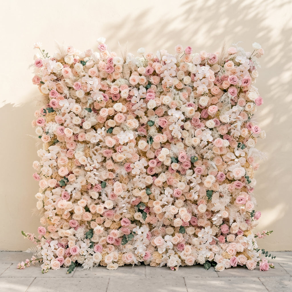 Elvenessa:5D Neutral Warm Blush Pink & Ivory White Silk Rose Flower Wall Roll-Up Fabric Backdrop for Romantic Weddings & Proposals