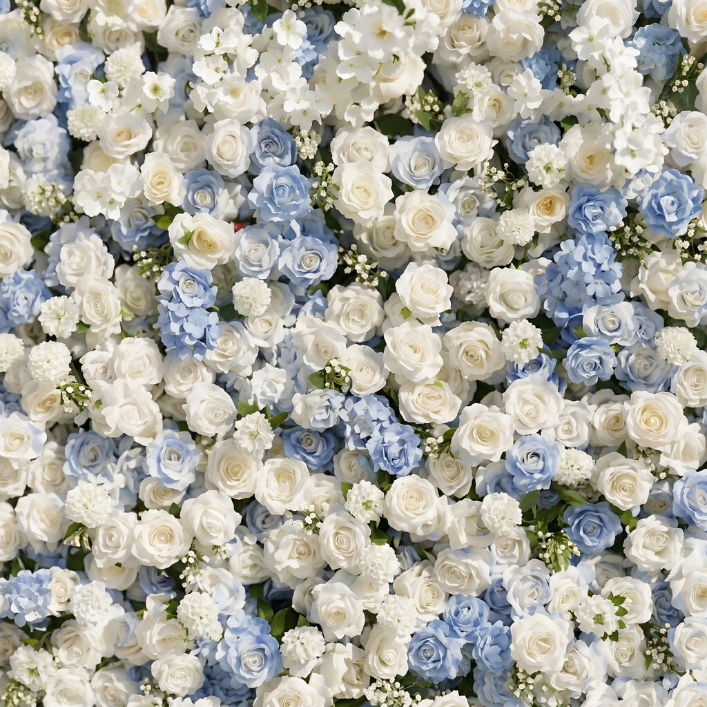 Embermira: Luxury 4D Ice White & Sky Blue Silk Floral Wall Backdrop for Destination Weddings