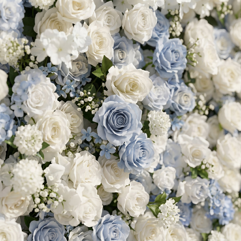 Embermira: Luxury 4D Ice White & Sky Blue Silk Floral Wall Backdrop for Destination Weddings