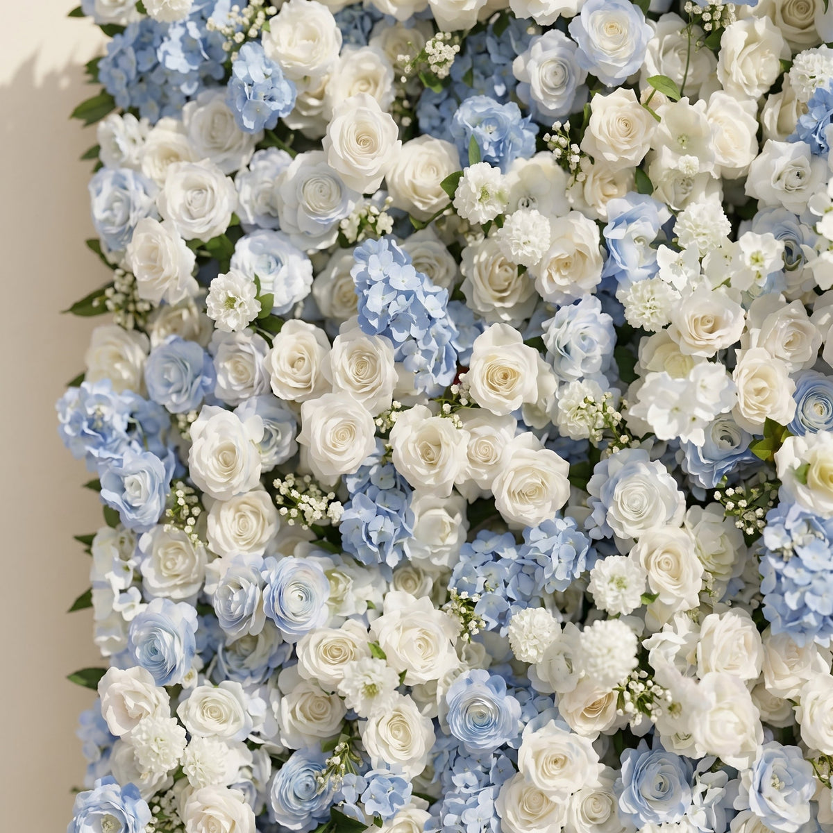 Embermira: Luxury 4D Ice White & Sky Blue Silk Floral Wall Backdrop for Destination Weddings