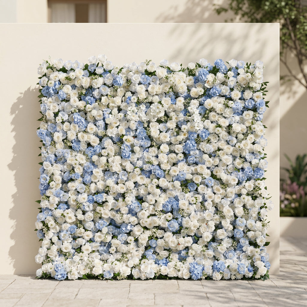 Embermira: Luxury 4D Ice White & Sky Blue Silk Floral Wall Backdrop for Destination Weddings