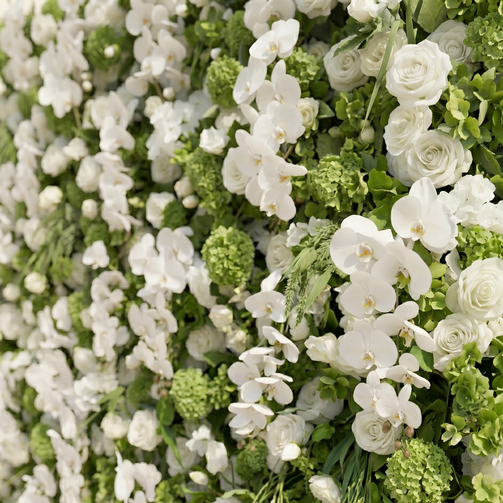 Evelaria: Luxury 5D White & Green Silk Floral Wall Roll-Up Backdrop for Edgy Romantic Weddings