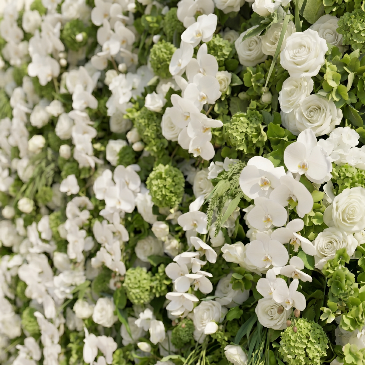 Evelaria: Luxury 5D White & Green Silk Floral Wall Roll-Up Backdrop for Edgy Romantic Weddings