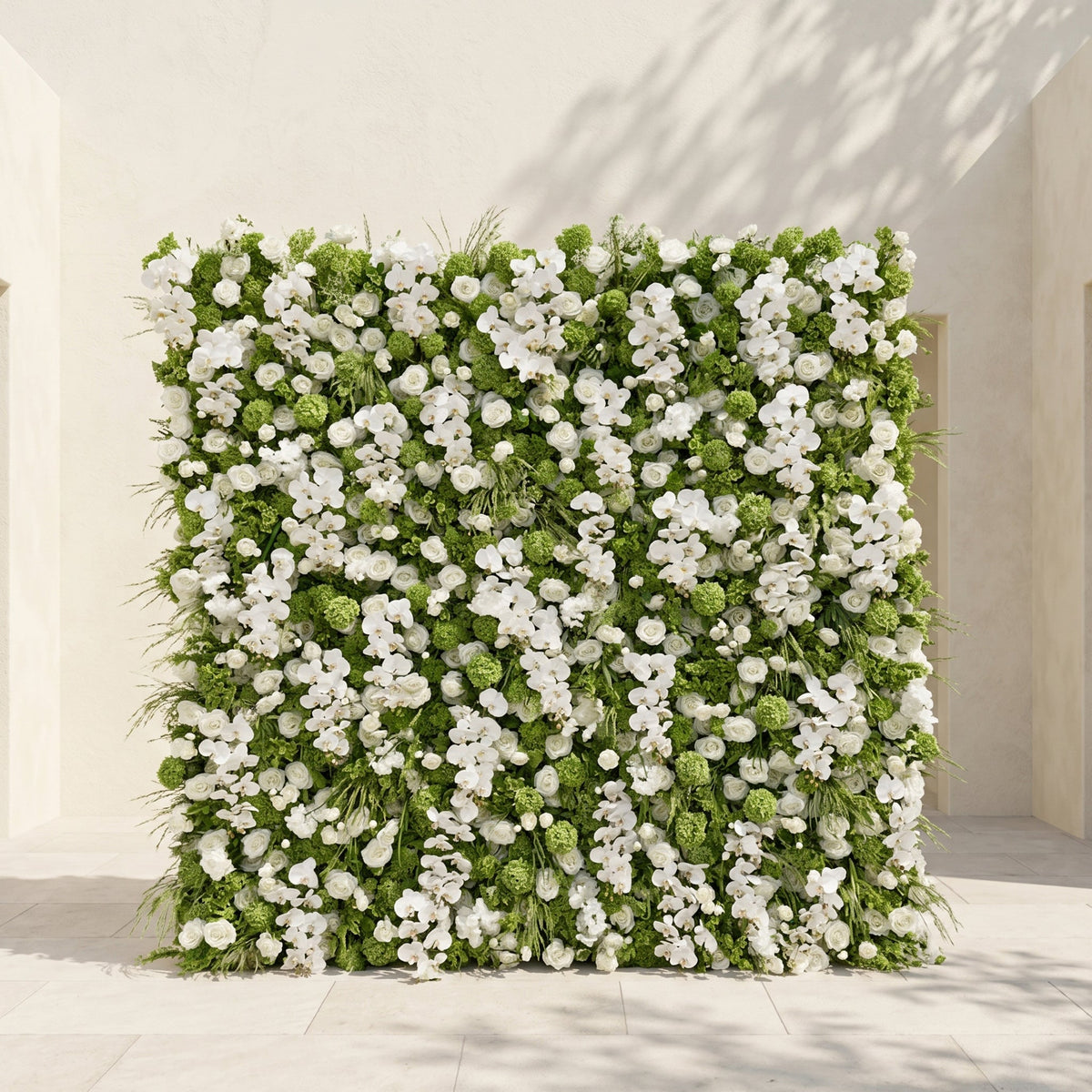 Evelaria: Luxury 5D White & Green Silk Floral Wall Roll-Up Backdrop for Edgy Romantic Weddings