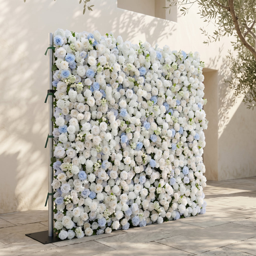 Fiorelle:5D Dusty Baby Blue & Ivory White Silk Rose Flower Wall Roll-Up Fabric Backdrop for Romantic Weddings & Proposals