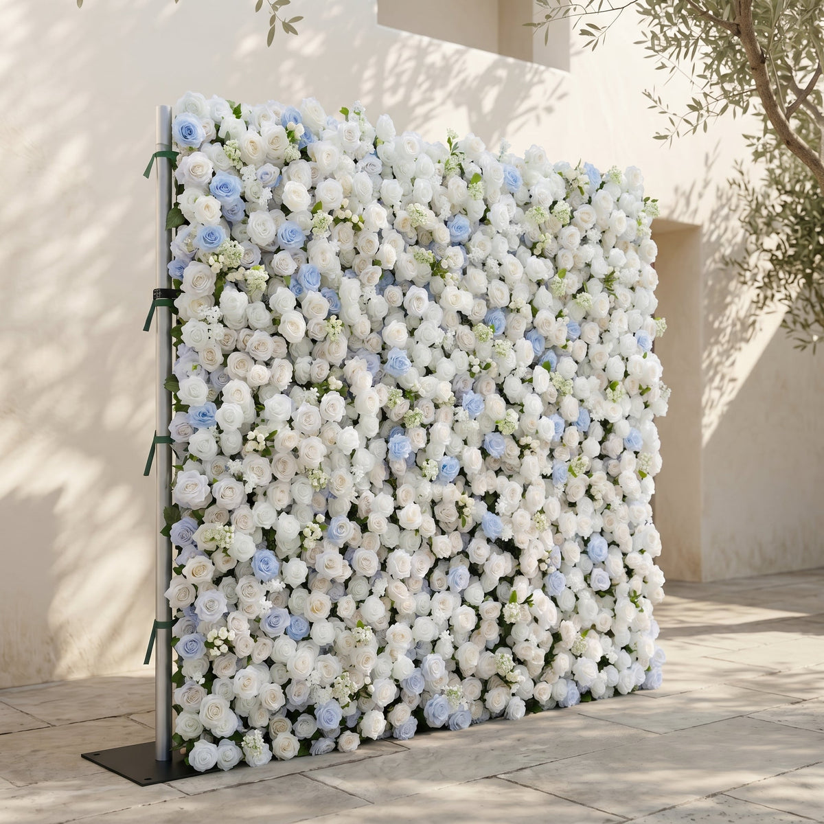 Fiorelle:5D Dusty Baby Blue & Ivory White Silk Rose Flower Wall Roll-Up Fabric Backdrop for Romantic Weddings & Proposals