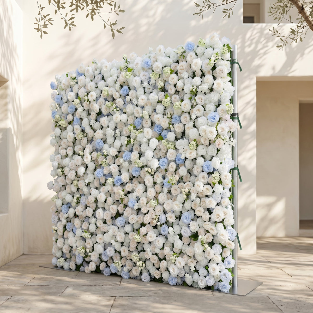 Fiorelle:5D Dusty Baby Blue & Ivory White Silk Rose Flower Wall Roll-Up Fabric Backdrop for Romantic Weddings & Proposals