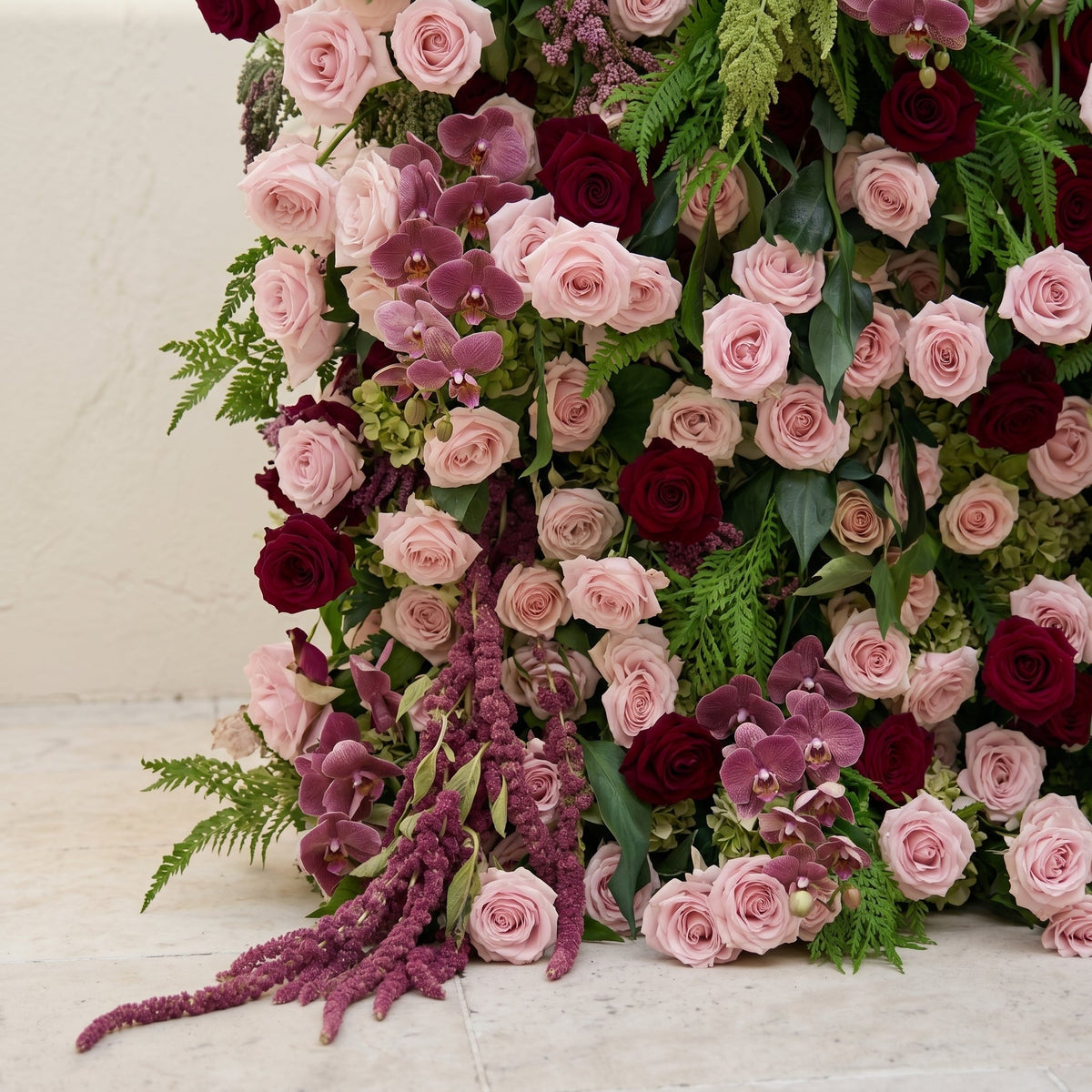 Gaellena:Luxury 5D Burgundy & Blush Pink Floral Wall with Greenery Roll-Up Backdrop for Romantic Fall Weddings