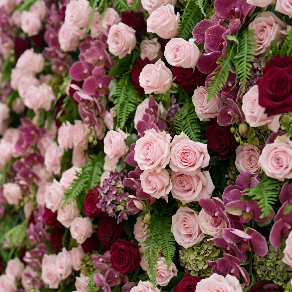Gaellena:Luxury 5D Burgundy & Blush Pink Floral Wall with Greenery Roll-Up Backdrop for Romantic Fall Weddings