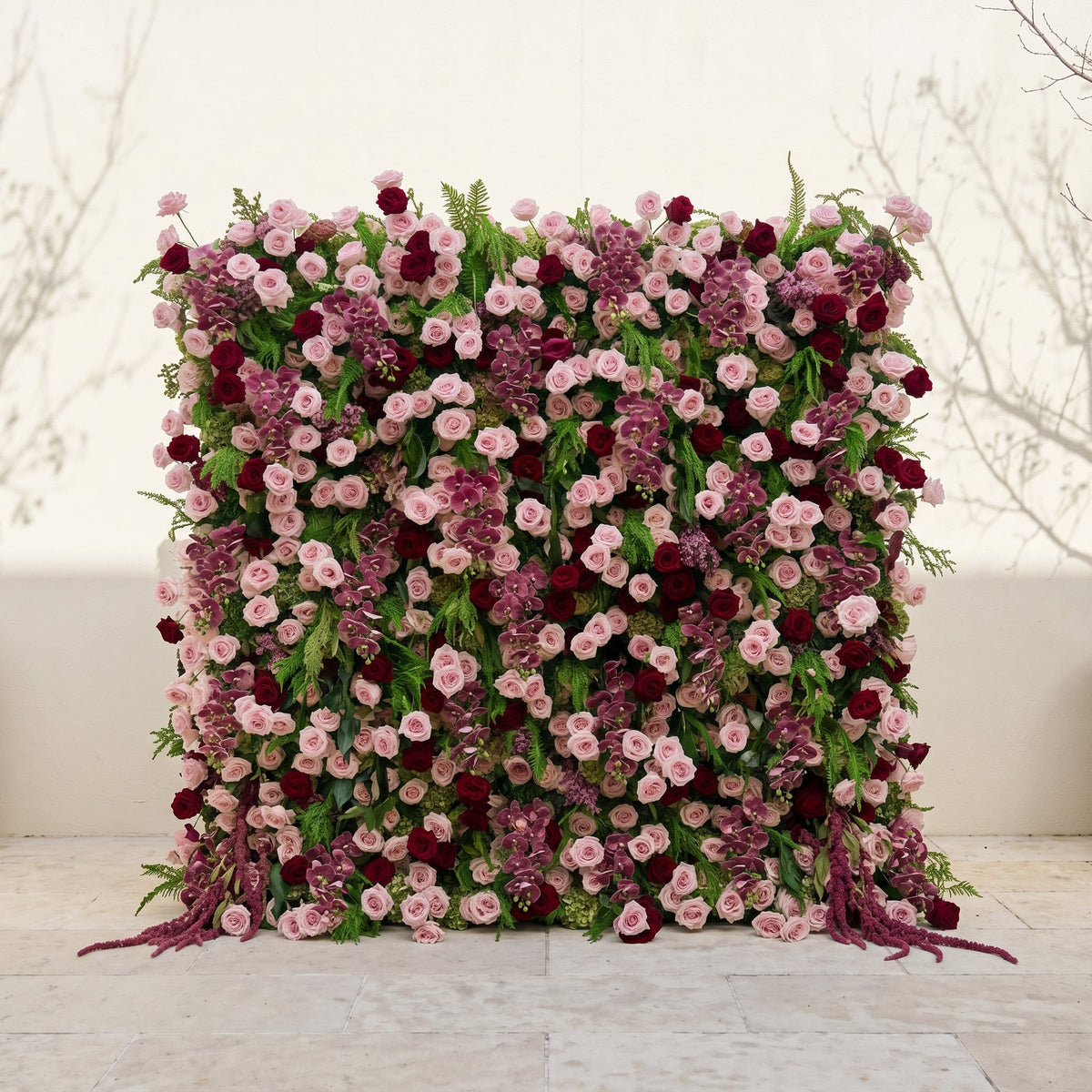 Gaellena:Luxury 5D Burgundy & Blush Pink Floral Wall with Greenery Roll-Up Backdrop for Romantic Fall Weddings