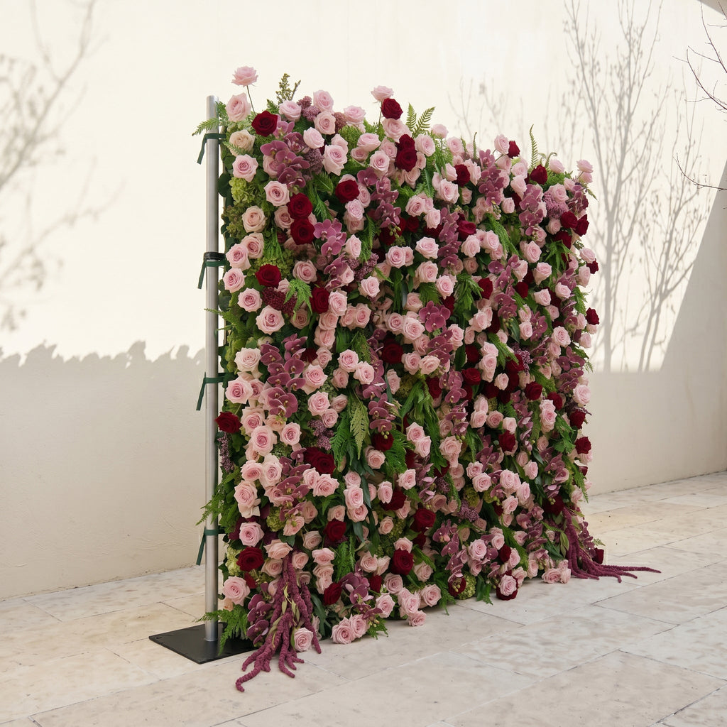 Gaellena:Luxury 5D Burgundy & Blush Pink Floral Wall with Greenery Roll-Up Backdrop for Romantic Fall Weddings