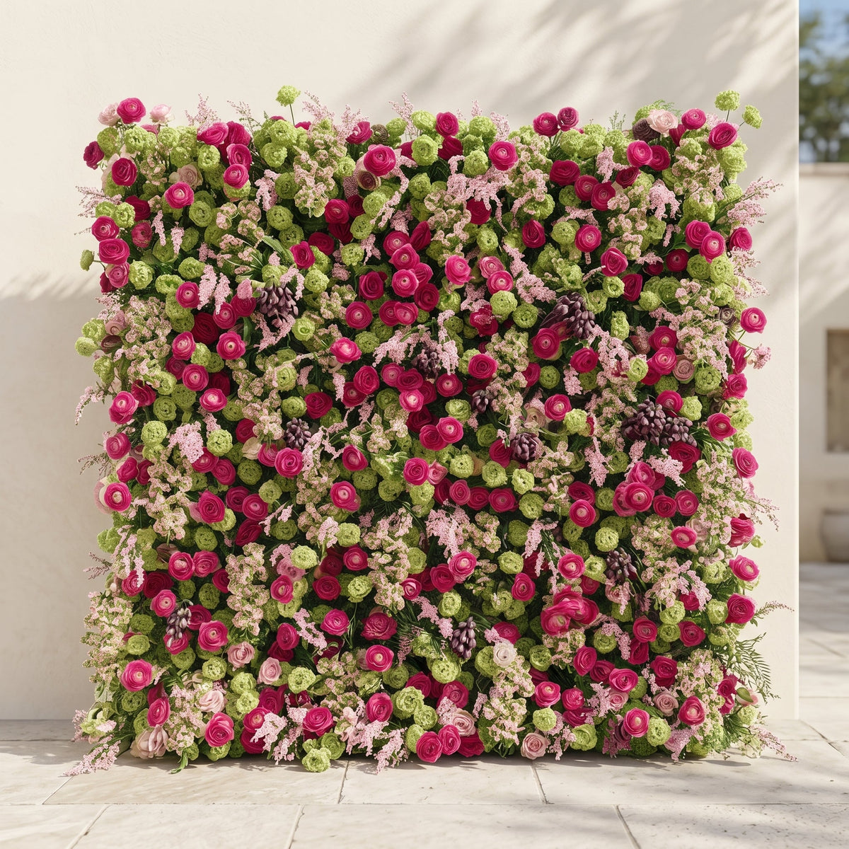 Floria: Luxury 5D Hot Pink & Green Silk Floral Wall Roll-Up Fabric Backdrop for Vibrant Summer Parties & Events