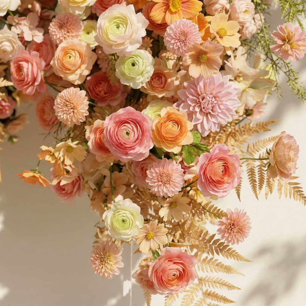 Cirelle: Exquisite Peach & Champagne Butterfly-Shaped Flower Wall Backdrop for Garden Proposals & Weddings