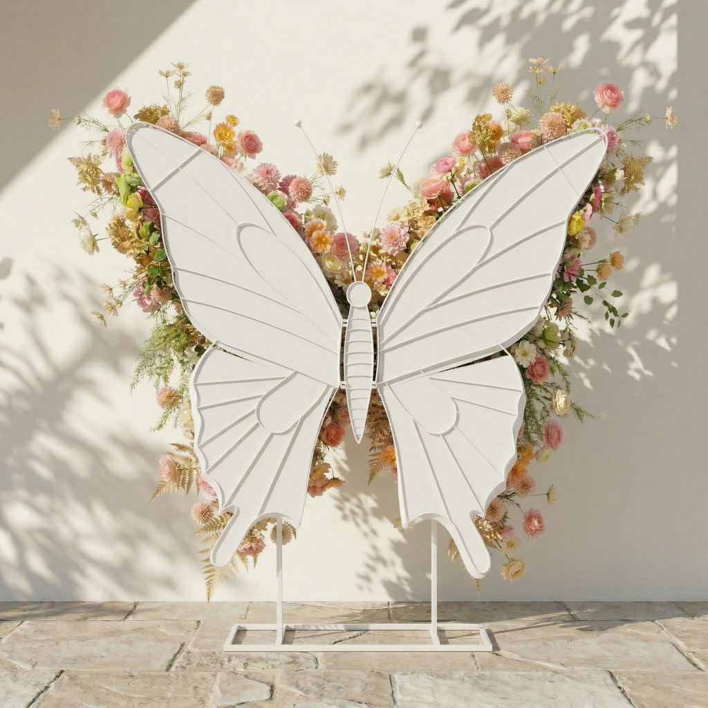 Cirelle: Exquisite Peach & Champagne Butterfly-Shaped Flower Wall Backdrop for Garden Proposals & Weddings