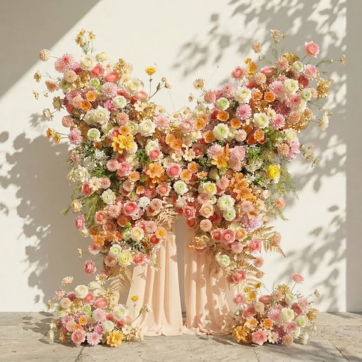 Cirelle: Exquisite Peach & Champagne Butterfly-Shaped Flower Wall Backdrop for Garden Proposals & Weddings