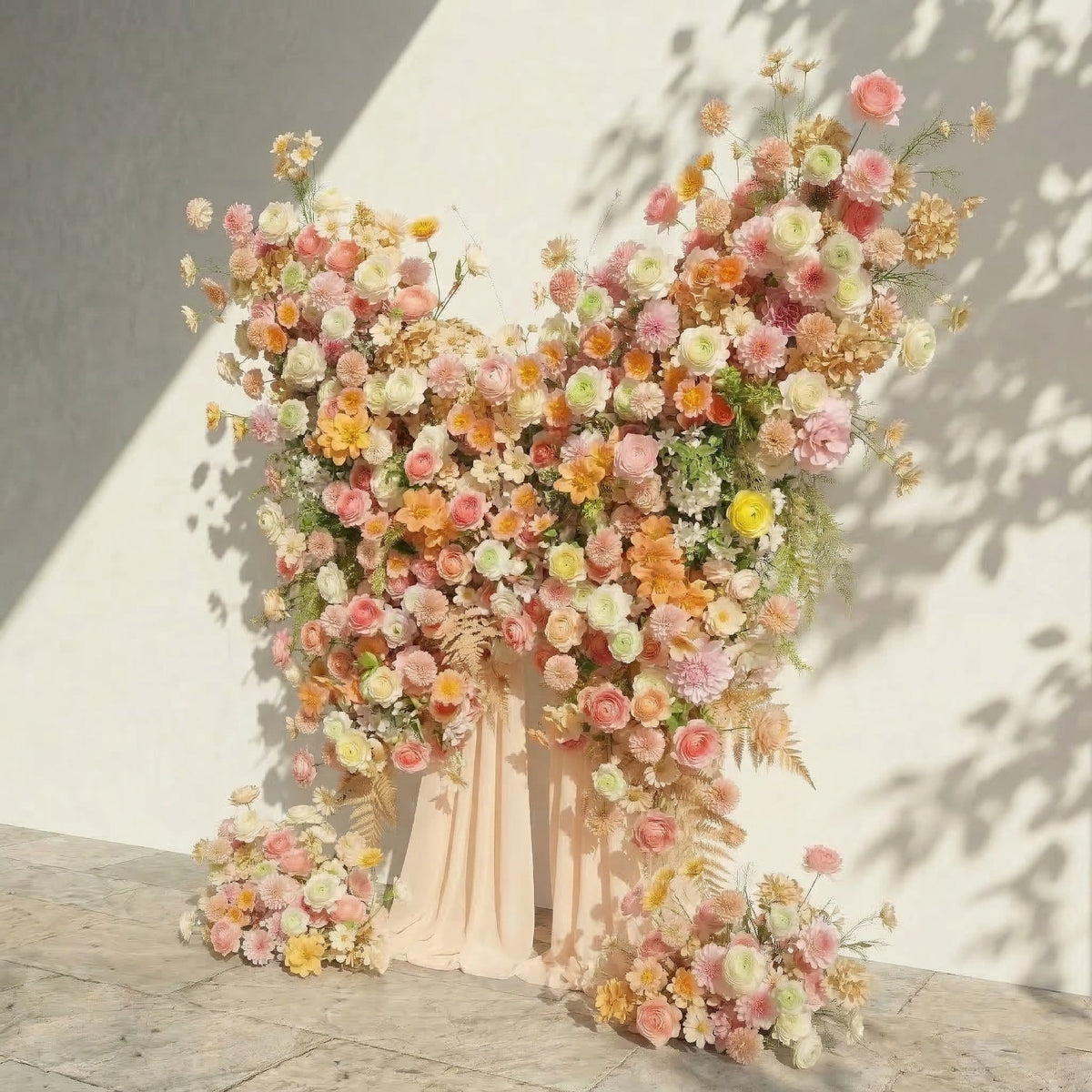 Cirelle: Exquisite Peach & Champagne Butterfly-Shaped Flower Wall Backdrop for Garden Proposals & Weddings