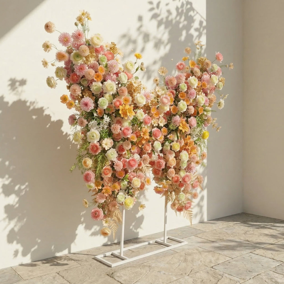 Cirelle: Exquisite Peach & Champagne Butterfly-Shaped Flower Wall Backdrop for Garden Proposals & Weddings