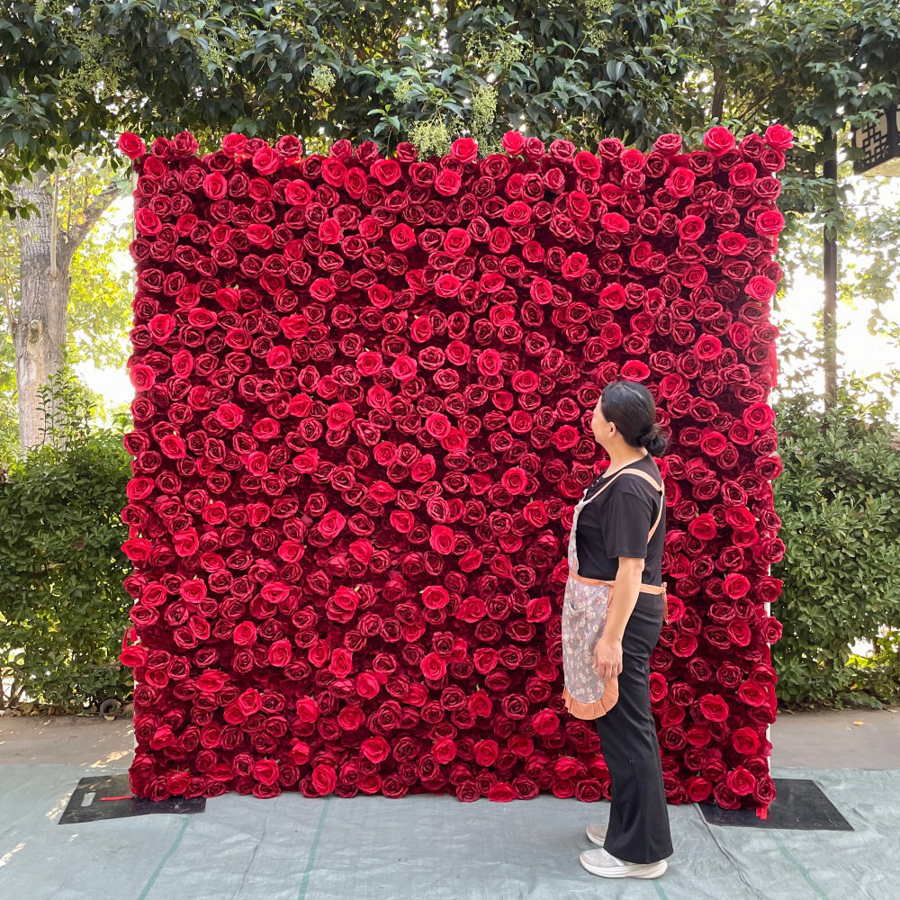 Hot Selling 8*8ft Square Flower Wall Panel Rose Morning Red 5D Artificial Rose Flower Wall Backdrop for Party Decoration Free Shipping