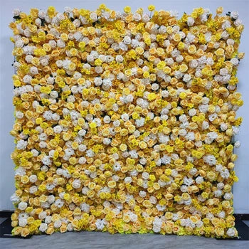 Yellow Handmade Silk Rose Flower Wall 8*8ft Customized Summer Event Floral Arrangement Decoration 5D Floral Wall Free Shipping
