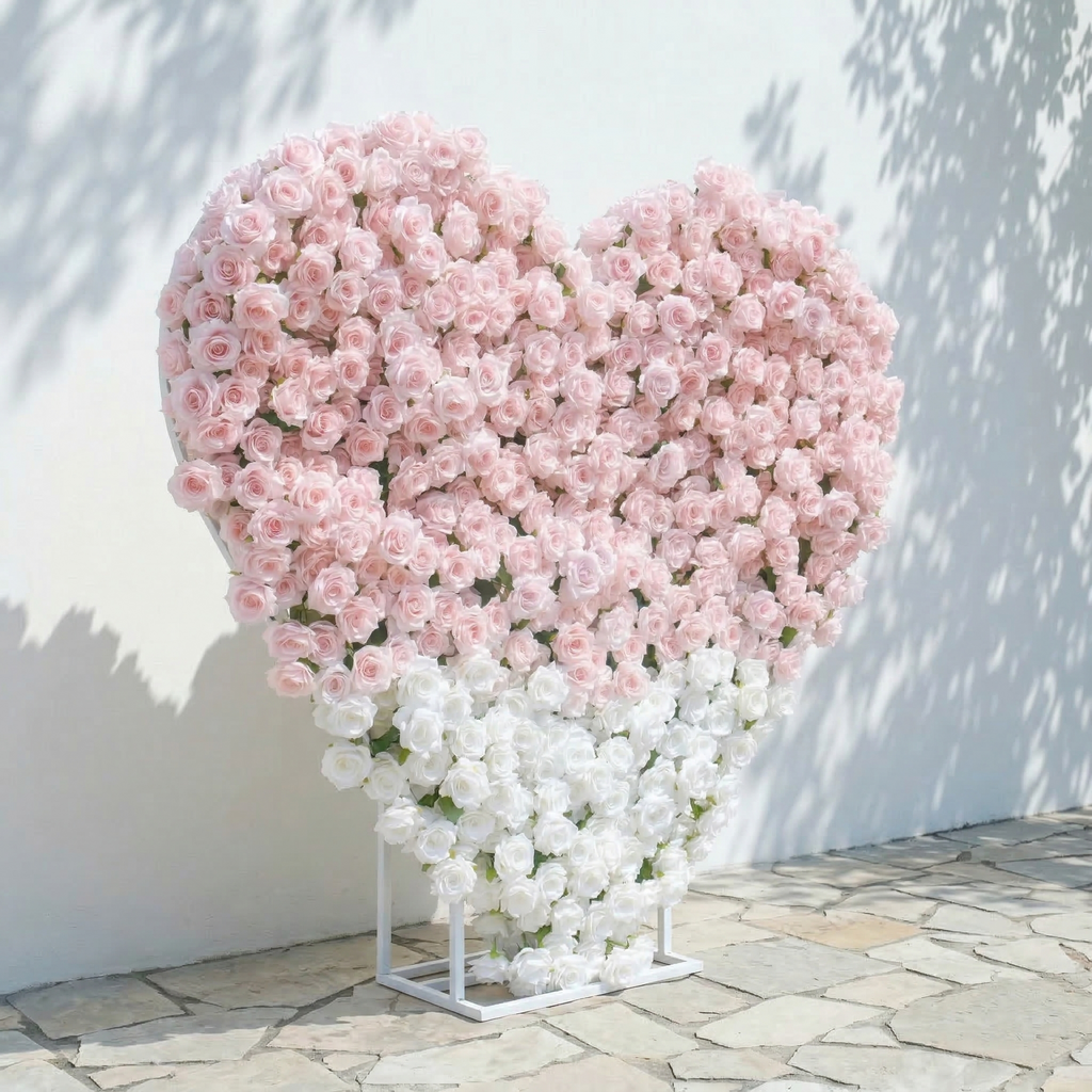 Ismira：3D Dreamy Pink & Ivory Heart-Shaped Aritificial Floral Backdrop for Sweet Proposals & Weddings