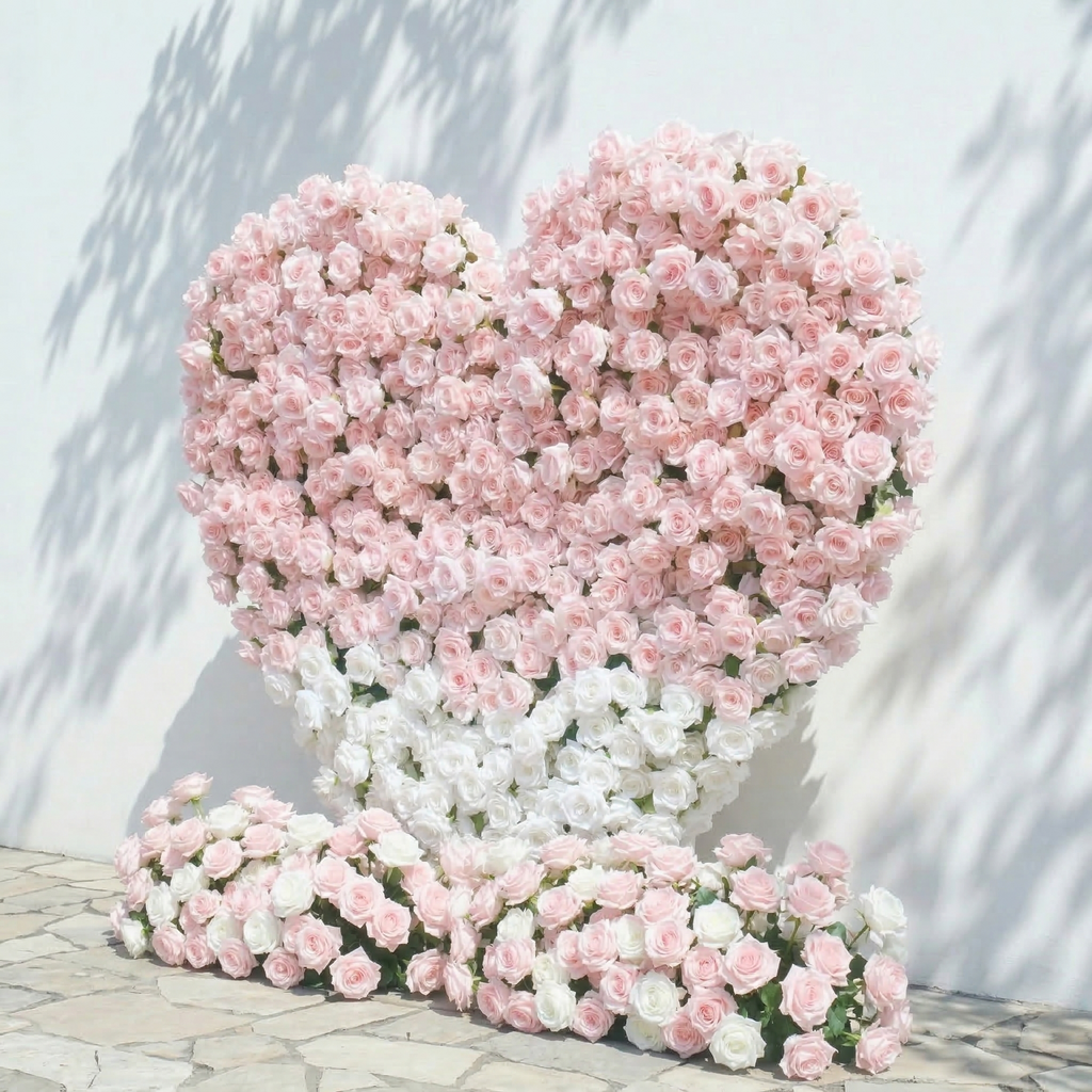 Ismira：3D Dreamy Pink & Ivory Heart-Shaped Aritificial Floral Backdrop for Sweet Proposals & Weddings