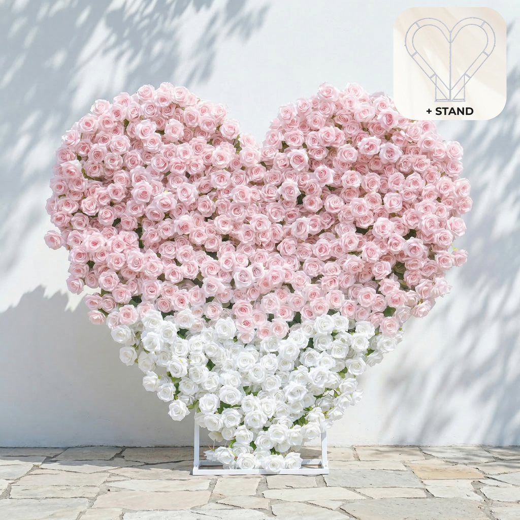 Ismira：3D Dreamy Pink & Ivory Heart-Shaped Aritificial Floral Backdrop for Sweet Proposals & Weddings