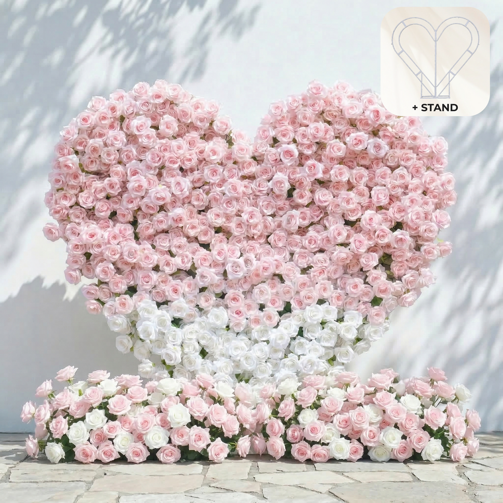 Ismira：3D Dreamy Pink & Ivory Heart-Shaped Aritificial Floral Backdrop for Sweet Proposals & Weddings