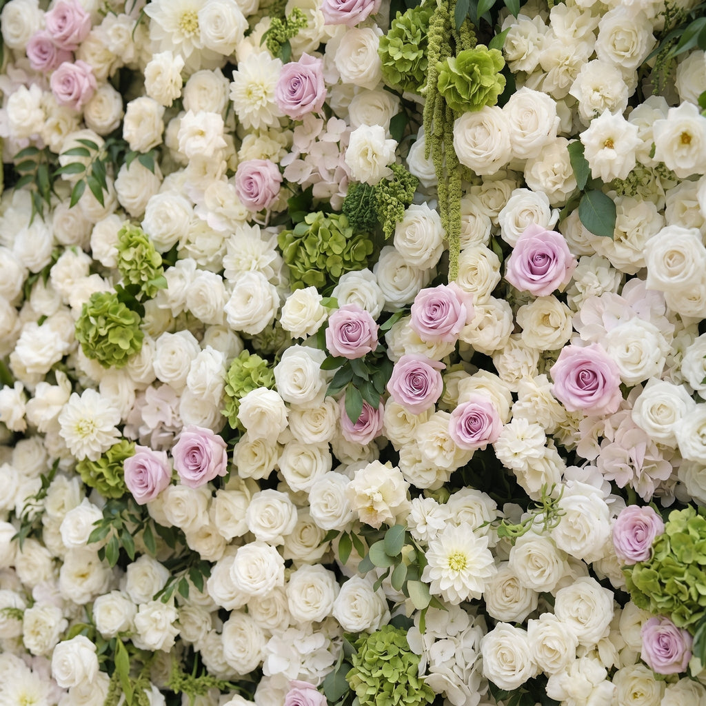 Jollyra:5D Blush Lavender Pink & Ivory White Silk Rose Flower Wall Roll-Up Fabric Backdrop with Lush Greenery for Romantic Weddings & Proposals