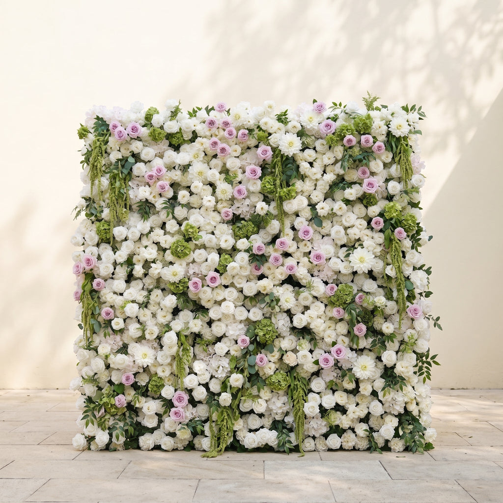 Jollyra:5D Blush Lavender Pink & Ivory White Silk Rose Flower Wall Roll-Up Fabric Backdrop with Lush Greenery for Romantic Weddings & Proposals