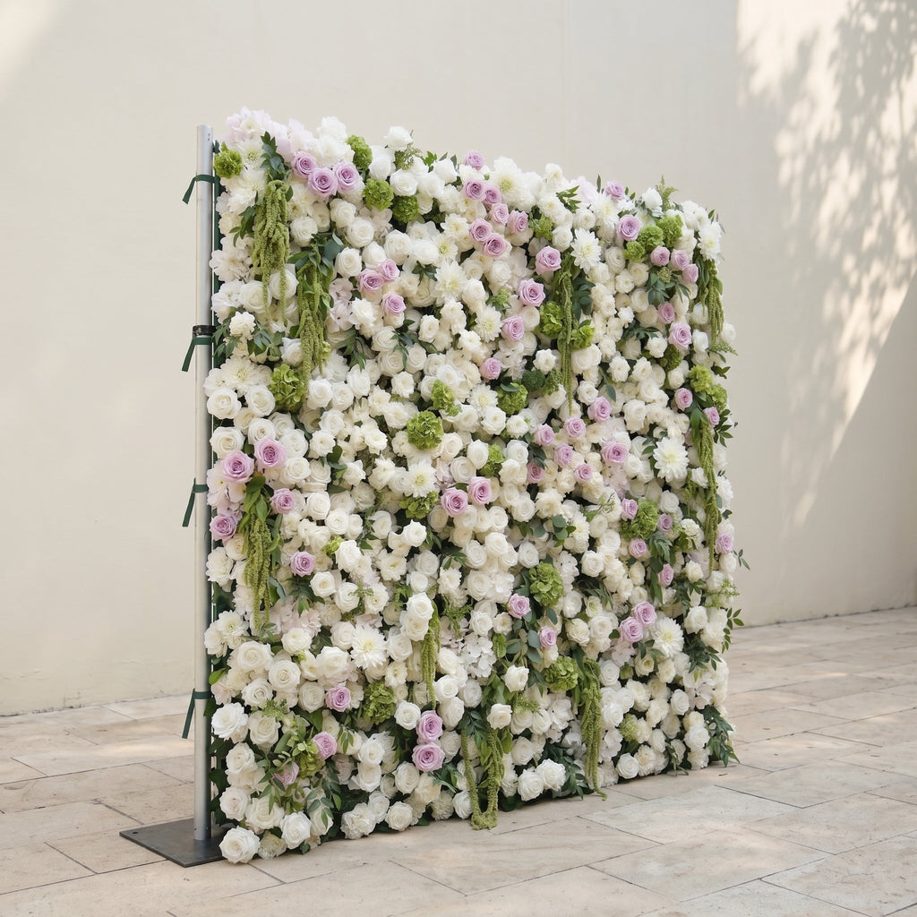 Jollyra:5D Blush Lavender Pink & Ivory White Silk Rose Flower Wall Roll-Up Fabric Backdrop with Lush Greenery for Romantic Weddings & Proposals