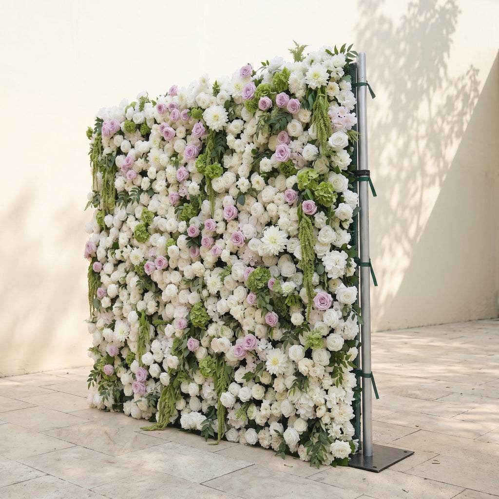 Jollyra:5D Blush Lavender Pink & Ivory White Silk Rose Flower Wall Roll-Up Fabric Backdrop with Lush Greenery for Romantic Weddings & Proposals